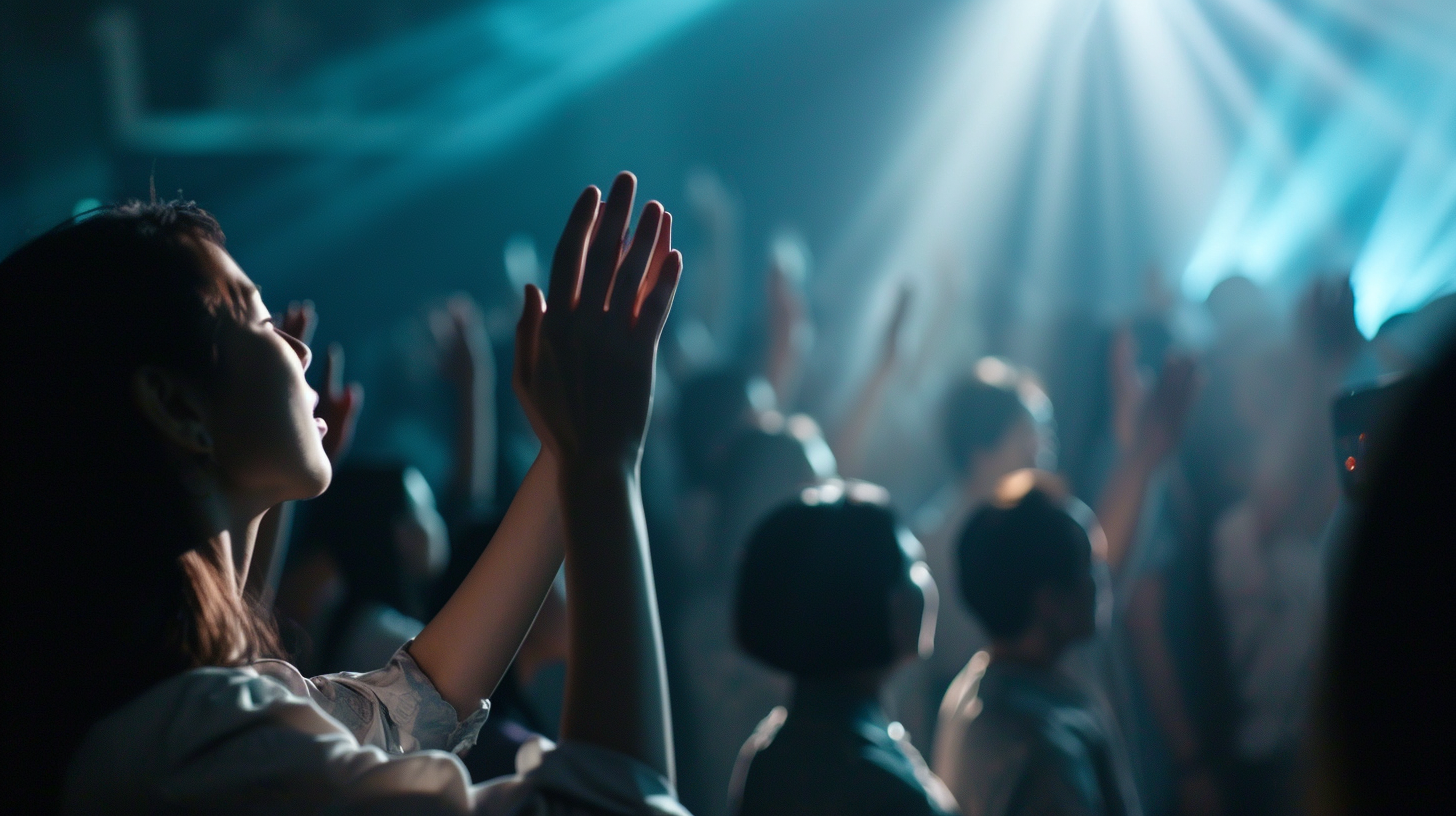 Scene of worship in a Korean Christian church, cinematic feeling, bathed in soft lighting, akin to a scene from a movie, congregation with hands raised in praise to God, capturing the devotion and spirituality in a powerful, film-like manner --ar 16:9 --v 6.0