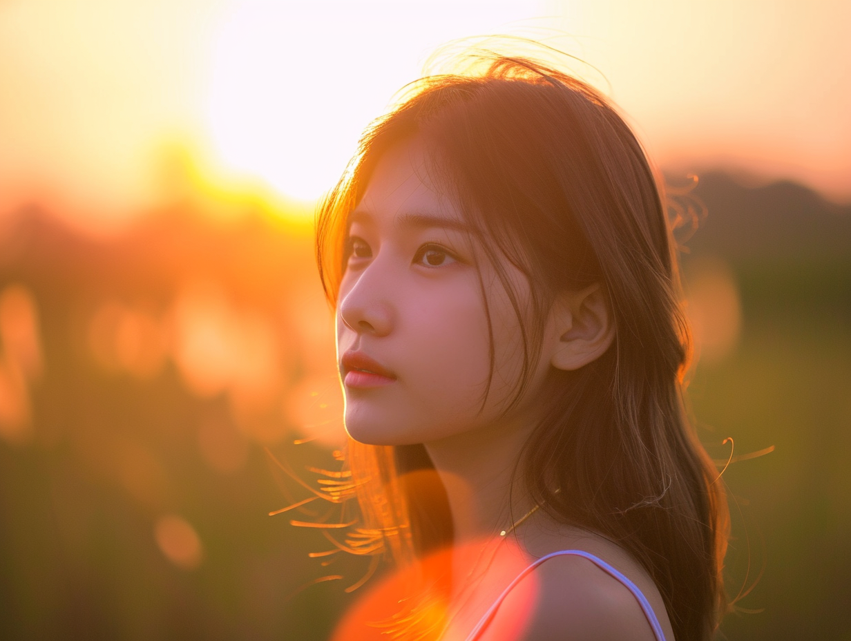 Photorealistic half-body of yong asia girl on sunset, sony A7s, 85mm lense, f1.2, blackmist filter --ar 4:3 --v 6.0 --s 50 --style raw