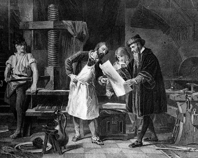 Pioneer: Johannes Gutenberg with his printing press CREDIT: GETTY