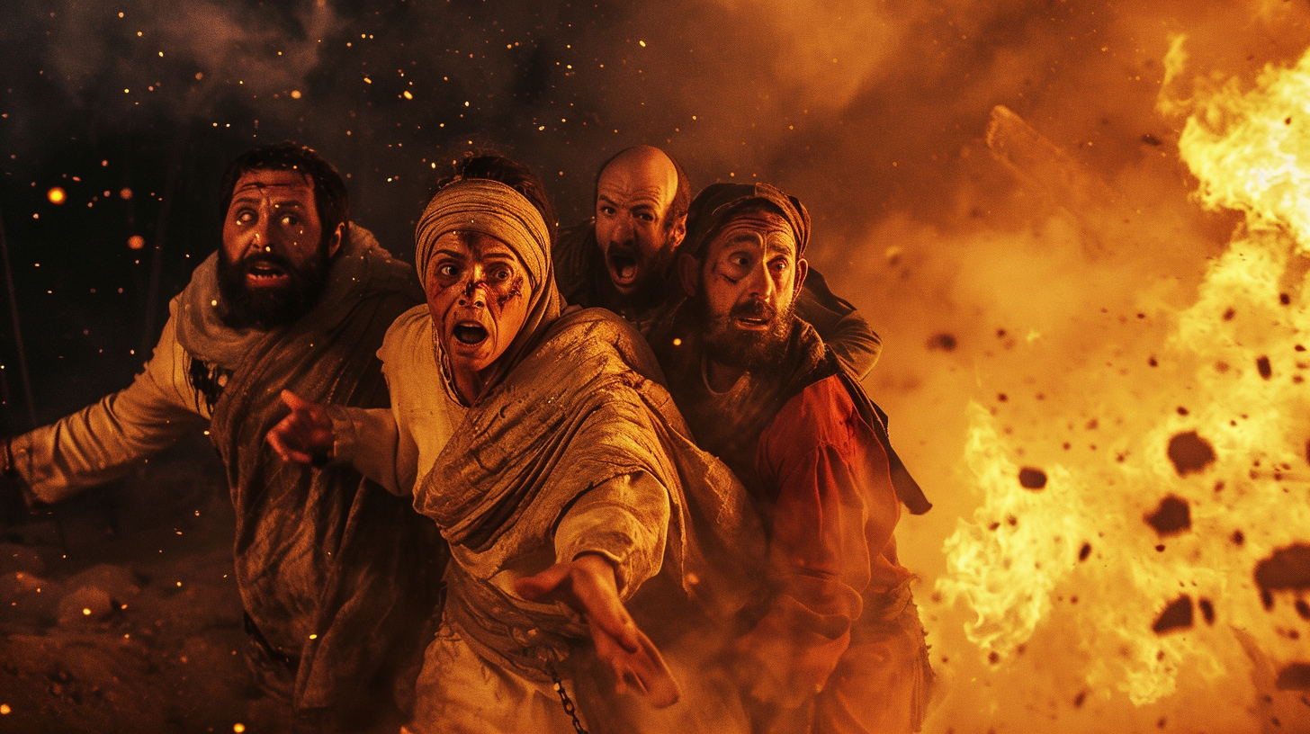 Lot's family in the village of Sodom, five people with expressions of urgency and terror, visibly rushing out, Sodom burning with sulfur fire falling from the sky, continuous fall of sulfur fire, resembling a real photo, in a high-resolution digital photography style, using techniques mimicking a professional DSLR camera, --ar 16:9 --v 6.0 --s 50 --style raw