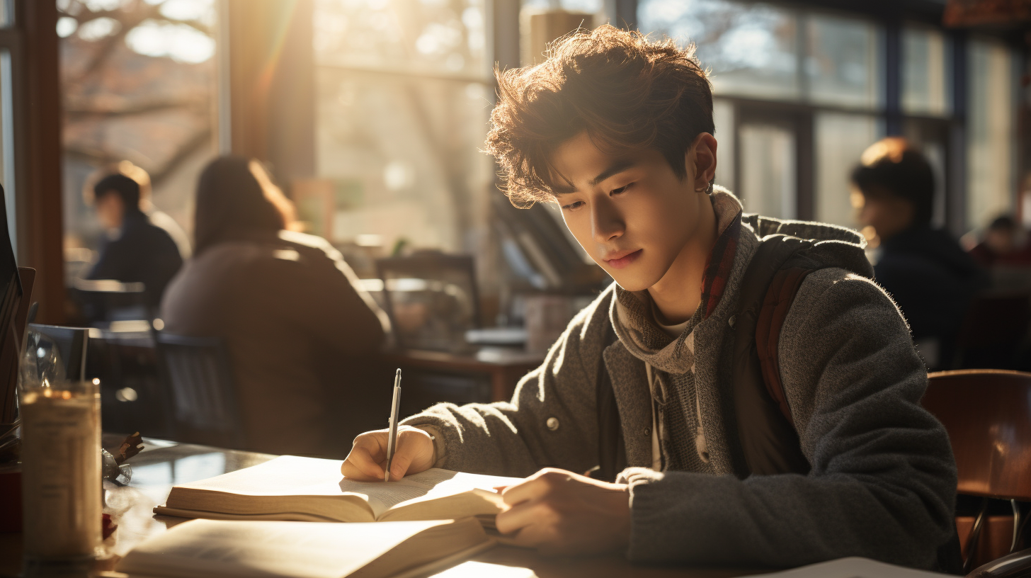 Korean university student in a library, Stylish, intelligent outfit, studying a textbook at a desk, Library environment with abundant bookshelves and sun shining through windows, Calm, studious mood, Shot to resemble a scene from a movie, Photographed with a Sony FX6 camera using a 24-70mm lens for detailed and vivid image quality, --ar 16:9 --s 250