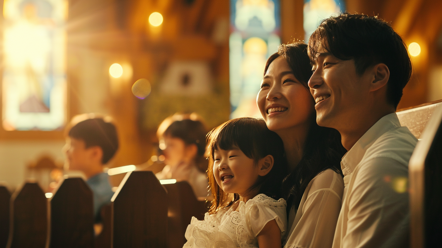 A Korean family inside a church, exhibiting happiness, shot with a cinema camera, scene adorned with soft, soothing lighting, capturing their smiling faces, symbolizing a blend of familial love and spiritual contentment --ar 16:9 --v 6.0