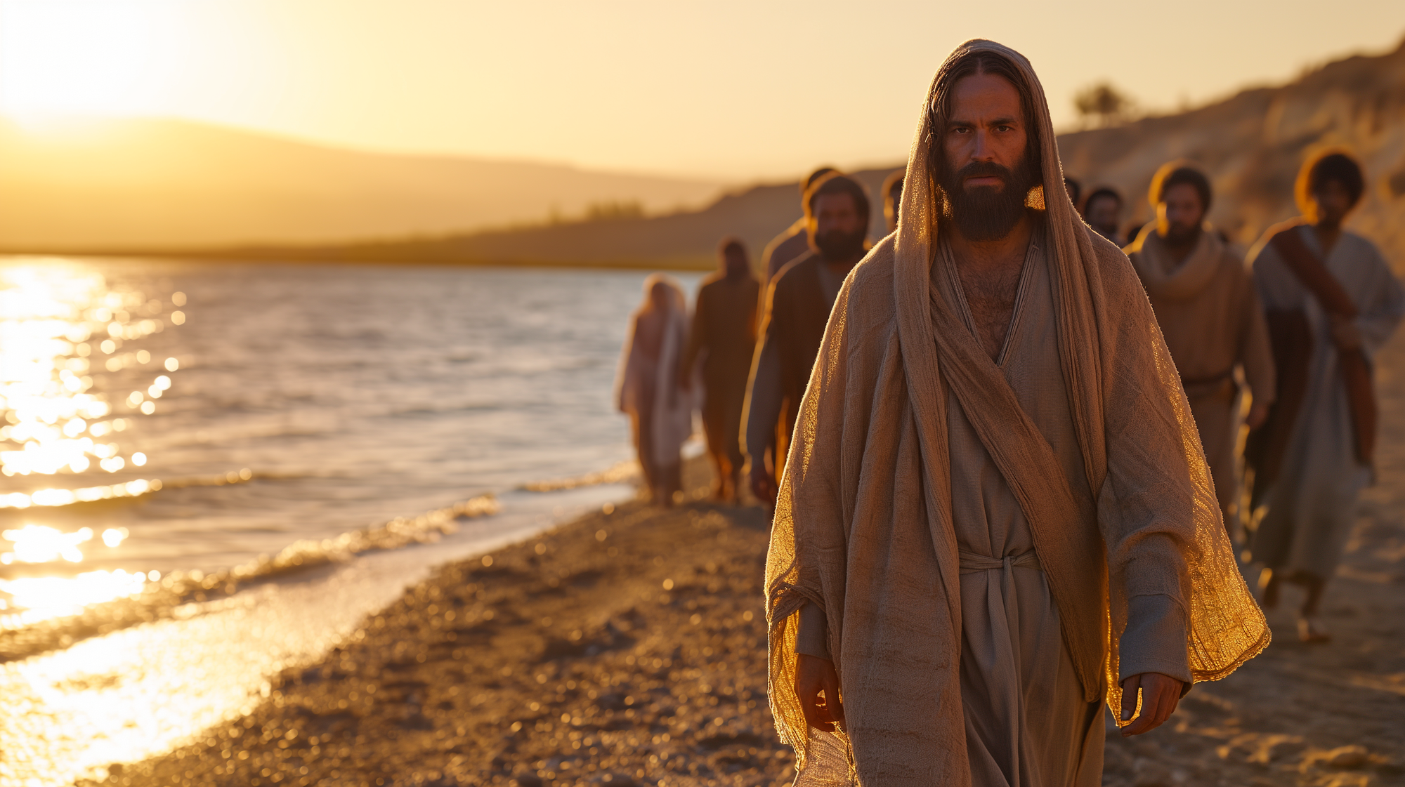 The cinematic scene unfolded along the serene shores of the Sea of Galilee, illuminated by the warm, golden light of the enchanting golden hour. The setting evoked a biblical backdrop as Jesus, with an aura of divinity, walked gracefully along the beach. Behind him, the twelve disciples followed closely, their faces marked by extraordinary expressions of reverence and awe. The scene exuded a Netflix movie-style atmosphere, combining the grandeur of biblical history with contemporary storytelling. The Sony Camera FX6, equipped with a powerful 300mm lens, captured every detail and emotion with precision. As Jesus and his disciples traversed the Galilean coastline, the camera framed them against the breathtaking backdrop of the sea, its shimmering waters reflecting the golden hues of the setting sun. The disciples' faces conveyed a myriad of emotions – devotion, faith, and a profound sense of purpose. This cinematic masterpiece captured the essence of a timeless story, blending the spiritual and the visual in a way that transcended mere imagery. It would undoubtedly resonate with audiences, offering a compelling glimpse into the profound journey of faith and discipleship. --ar 16:9 --v 6.0 --s 50 --style raw