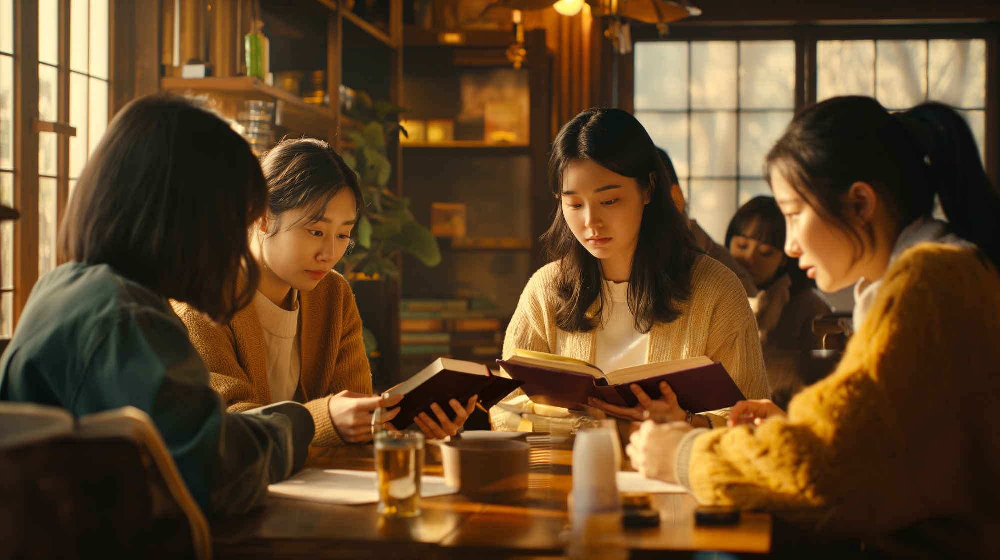 Early to mid-20s Korean individuals in a 2022-style cafe setting, Gathered around a table, each reading their own Bible, Expressions serious but with a hint of smiles, Soft lighting for a movie-like ambiance, Resembling a beautifully crafted photo, Golden hour light enhancing the scene, Captured with a Sony camera for cinematic quality, 8K high-definition for impressive visuals, --ar 16:9 --v 6.0