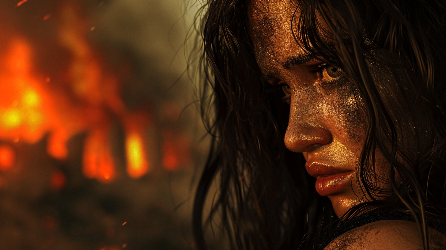 Lot's wife looking back with a tearful eye, detailed close-up of her face showing a mix of fear and sorrow, the blurred fiery ruins of Sodom in the distant background, a mood of poignant despair, in a photorealistic style, using high dynamic range photography settings --ar 16:9 --v 6.0