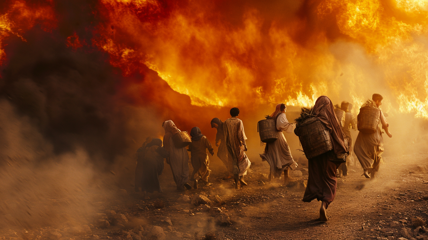 Lot's family fleeing from Sodom, frantic movement of various families, Sodom ablaze with fire and brimstone in the background, a sense of urgent escape, real photo --ar 16:9 --v 6.0 --s 50 --style raw
