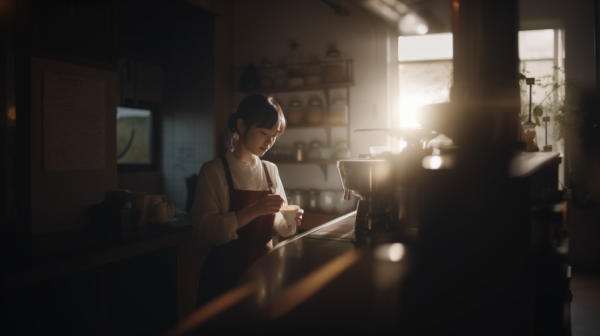 A coffee shop owner, korean women, skillfully heating milk with a latte steamer, in a sunlit café bustling with customers enjoying their coffee, capturing a cozy and inviting ambiance, cinematic photo with a real-life feel, shot with a high-end DSLR camera for sharp detail and warm lighting, --ar 16:9 --v 5.0