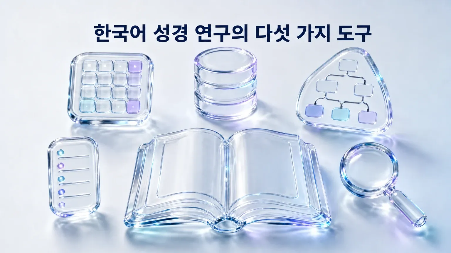 열린 유리 책 주변에 데이터 격자, 데이터베이스, 색인, 사이드바, 검색 렌즈를 배치한 리퀴드 글래스 일러스트. 한국어 성경 연구 도구의 서로 다른 역할을 나타낸다.