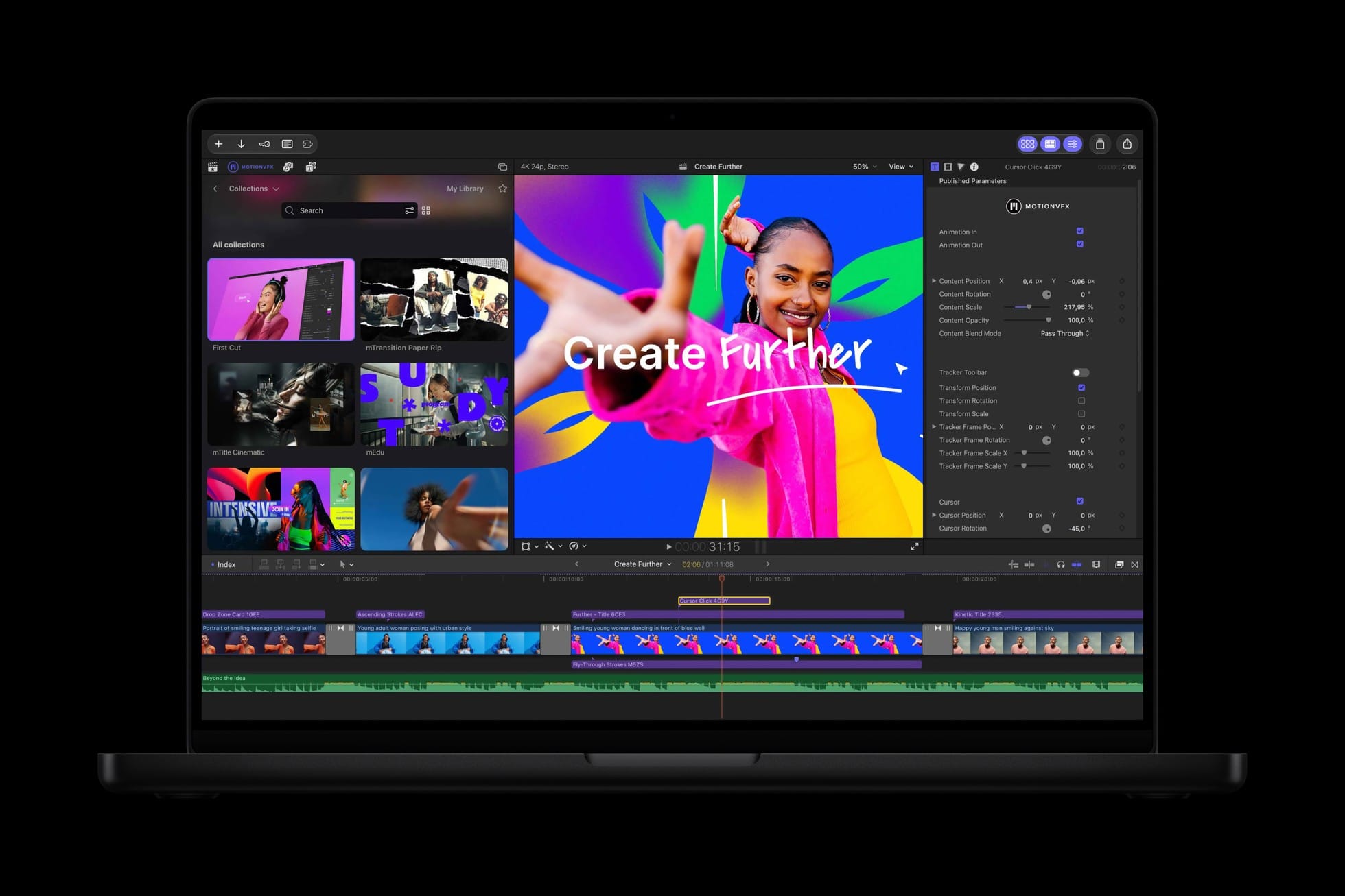 파이널컷 프로 안에서 MotionVFX 템플릿을 고르는 화면