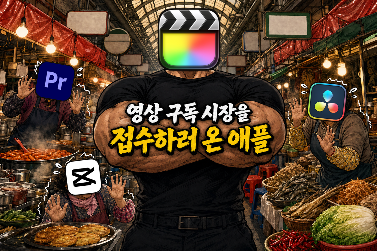 전통시장 한가운데 팔짱 낀 파이널컷 로고 머리의 거구와 겁먹은 프리미어·캡컷·다빈치 로고 머리 상인들, 영상 구독 시장을 접수하러 온 애플 문구