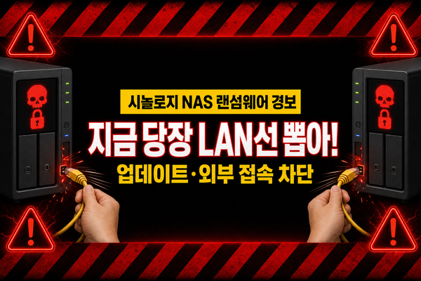 시놀로지 NAS 랜섬웨어 경보, 지금 당장 LAN선 뽑아, 업데이트·외부 접속 차단 문구와 랜선을 뽑는 손 그림