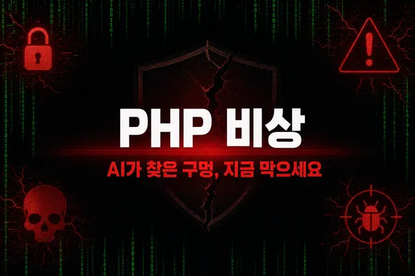 PHP 비상, AI가 찾은 구멍 지금 막으세요 문구와 금 간 방패·경고 아이콘이 있는 검은 배경 보안 썸네일